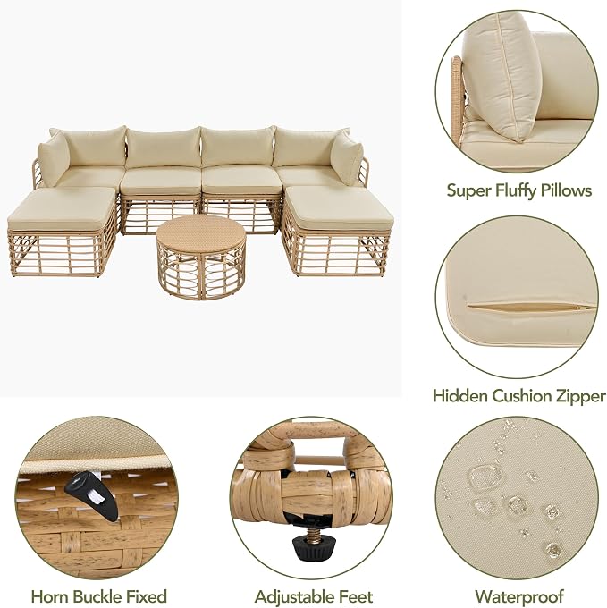LUMISOL 7 Pieces Outdoor Furniture Set, All-Weather Rattan Sectional Sofa Set with Thick Cushions and Pillows, Freely Combined Conversation Sets for Garden, Backyard, Balcony, Brown