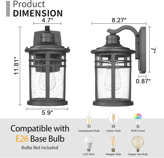 Darkaway Dusk to Dawn Outdoor Porch Wall Light,Outside Wall Mounted Light Seeded Glass Exterior Waterproof Lantern Modern Wall Sconce Lighting for House Front Door Garage