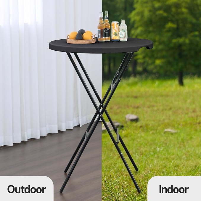 32'' Round Folding Table, HDPE Portable Bar Height Table with Removable Legs for Indoor Outdoor Wedding Event, Gathering, Parties, Commercial Events, Black