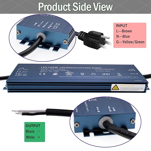 12V 100W UL Listed LED Power Supply with 3.28ft US Standard Plug Wire | Waterproof IP67 Low Voltage Transformer 100V-130V AC to 12V DC Converter for DC12V LED Lighting Products