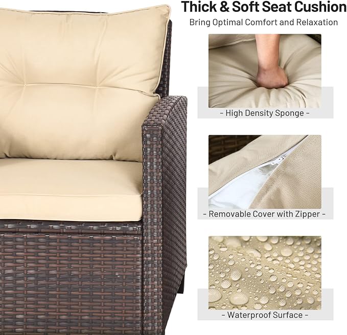 3-Piece Wicker Patio Furniture Set, Outdoor Sofa Set with Water-Resistant Cushion & Tempered Glass Table, Brown