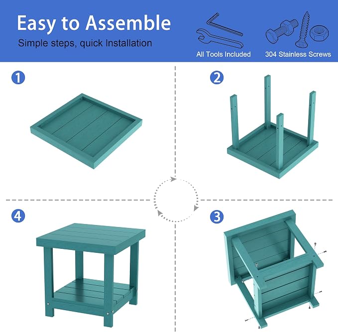 2-Tier HDPE Outdoor Square Side Table, Heavy-Duty Patio Side Table with Storage Shelf, Weather-Resistant Adirondack End Tables for Backyard, Pool, Porch, Garden, Lawn, Lake Blue