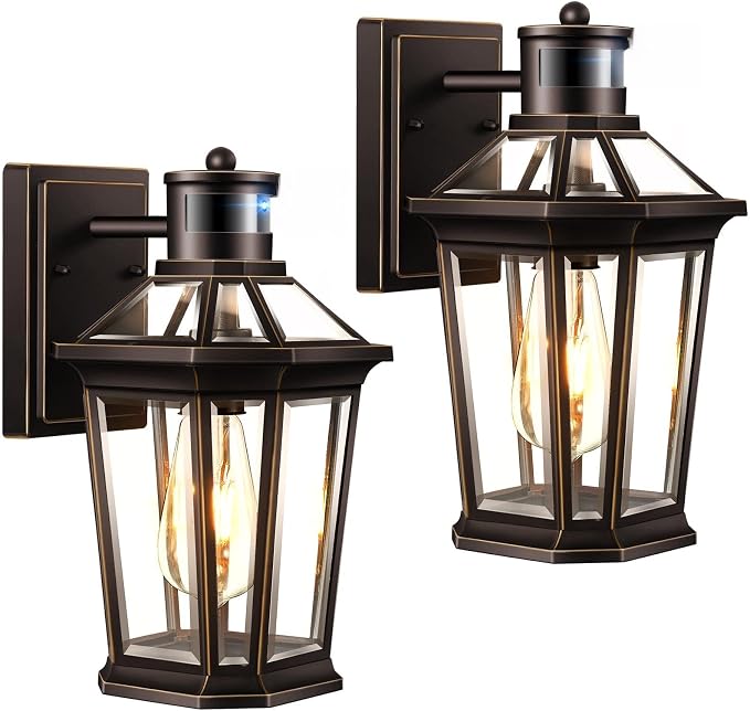 VIANIS Outdoor Motion Sensor Porch Light, Anti-rust 2-Pack Exterior Lighting Fixtures, Farmhouse Oil Rubbed Bronze Gold Trim Exterior Light,Waterproof Dusk to Dawn Outdoor Lighting with Tempered Glass