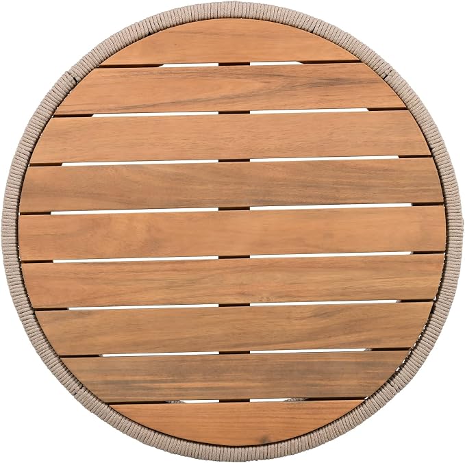 Round Outdoor Coffee Table, Acacia Wood & Rattan Rope Patio Side Table, Weather Resistant Natural Iron Frame Accent Table, 26 Inch Rustic Furniture for Garden Yard Balcony Porch