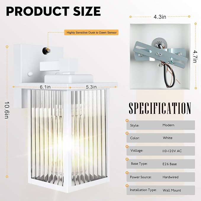 White Dusk to Dawn Wall Mount Porch Lights, Exterior Light Fixtures | Auto On and Off, Anti-Rust Metal Frame, Tempered Glass, E26 Socket, Easy DIY Install on Porch, Garage