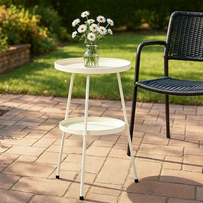 Outdoor Side Table 2 Tier End Table Metal Round Coffee Tables Nightstand for Small Spaces Indoor Outdoor and Living Room Bedroom or Office (White)