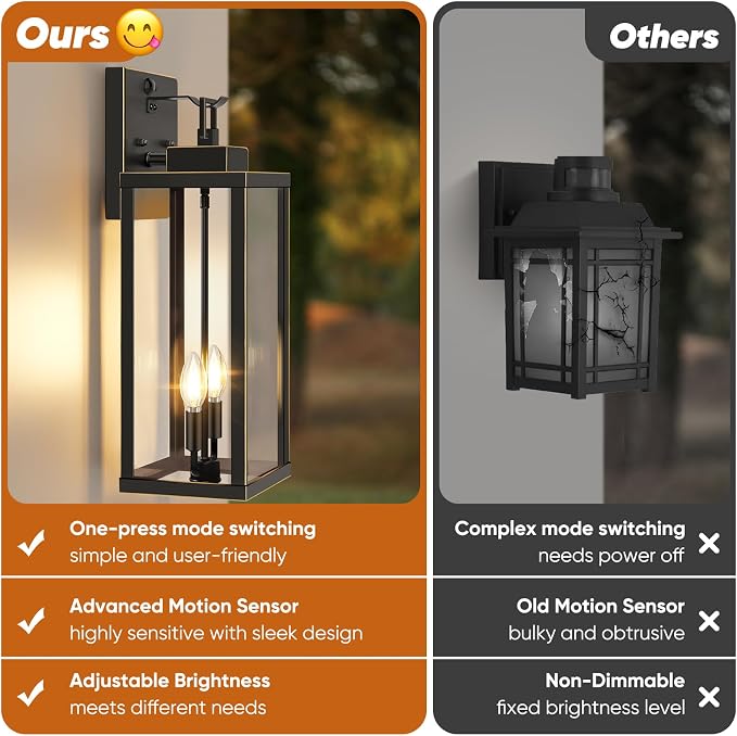 2-Pack 18” Large Motion Sensor Outdoor Wall Lights, Bronze | Auto ON/OFF, 3 Lighting Modes, Waterproof, Rust-Resistant, Durable Metal with Clear Glass, Dual E12 Sockets, Easy to Install