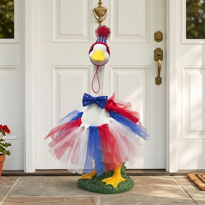 Porch Goose Statue Home Decor - 20" Large Resin Porch Goose with Independence Day Goose Outfits, Holiday Indoor or Outdoor Decorative Figurine for Garden,Lawn,Yard,Entryway Accent,Housewarming Gifts