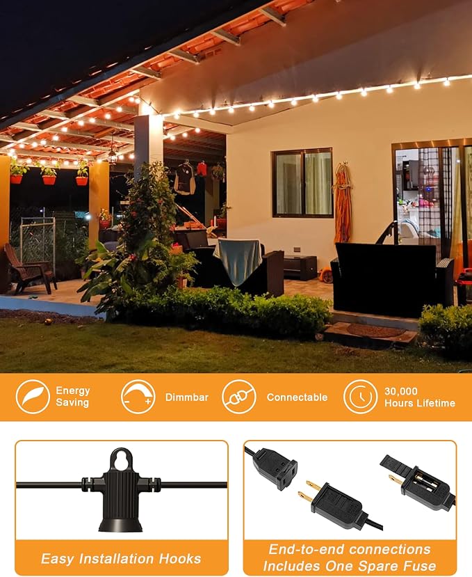 Zuske Outdoor String Lights, 25FT Patio Lights with 13 Shatterproof G40 Globe Bulb(1 Spare), Waterproof Connectable Dimmable LED Hanging Lights for Outside Backyard Porch Balcony Gazebo, 2700K