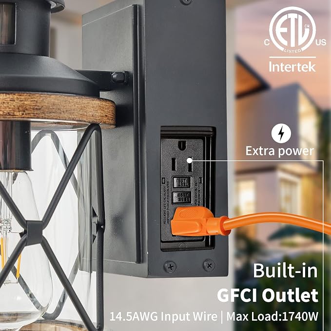 Dusk to Dawn Motion Sensor Outdoor Porch Light with GFCI Outlet,3 Lighting Modes Anti-Rust Waterproof Industrial Outdoor Lantern,Exterior Work lights Rustic Wood-Like Finish Wall Light (Brown, 1 Pack)