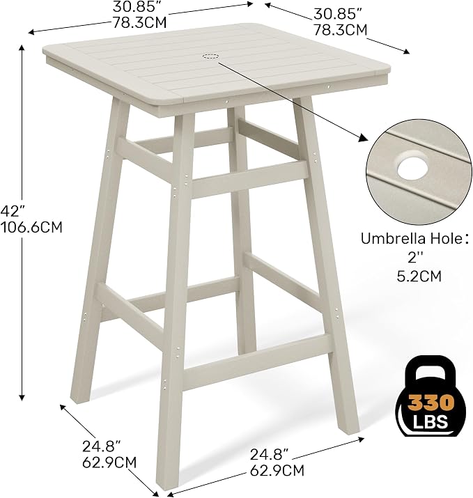 Costaelm Outdoor Bar Table, 42" Counter Height Square Patio Cocktail Bar Table with Umbrella Hole, Patio Bistro Dining Pub Table for Front Porch Deck Backyard Garden, Sand