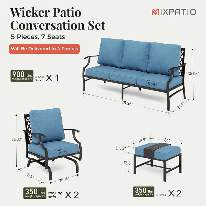 MIXPATIO Patio Furniture Set 5 pcs, Outdoor Patio Furniture Set, 3-Seat Sofa, 2 Rocking Chairs, 2 Ottomans and 5.75" Extra Thick Cushions, Conversation Set for Backyard Deck,Navy Blue