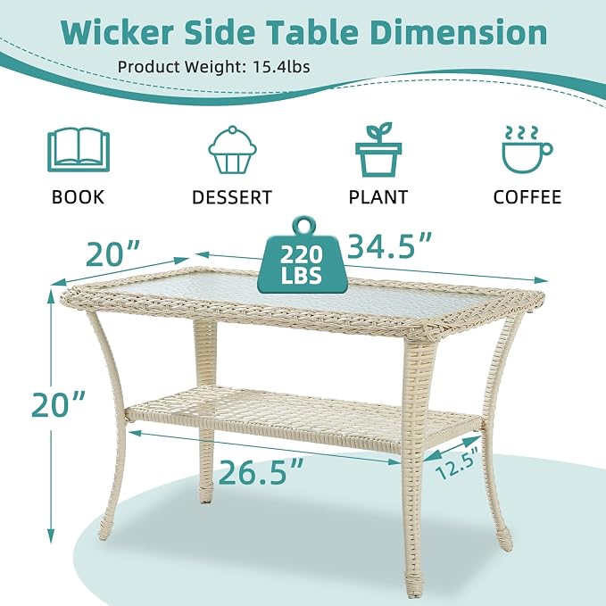 MEETWARM Wicker Patio Coffee Table, 34.5" Rectangle Outdoor Coffee Table with Tempered Glass Top and 2-Tier Storage Shelf, All-Weather Rattan Patio Side Table for Outside Poolside Garden, Cream White