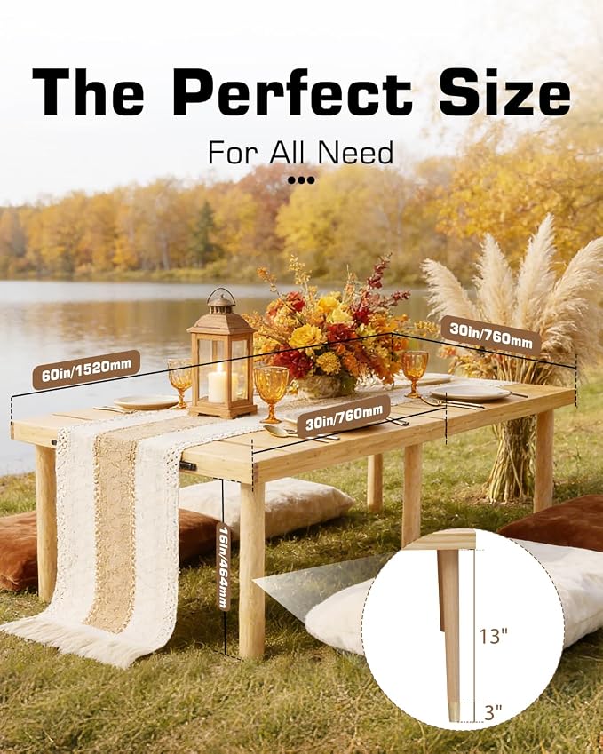 60" X 30" Boho Low Picnic Table, Portable Wooden Picnic Table with 3 Adjustable Heights, Natural Pine Wood Floor Table for Camping, Weddings, Beach & Family Gatherings, Seating for 6-8 People