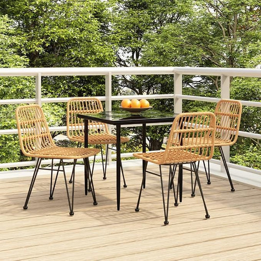 5 Piece Patio Dining Set Poly Rattan Outdoor Furniture Table and 4 Chairs with Tempered Glass Top and Steel Frame Weather Resistant for Backyard Poolside Garden Deck Balcony