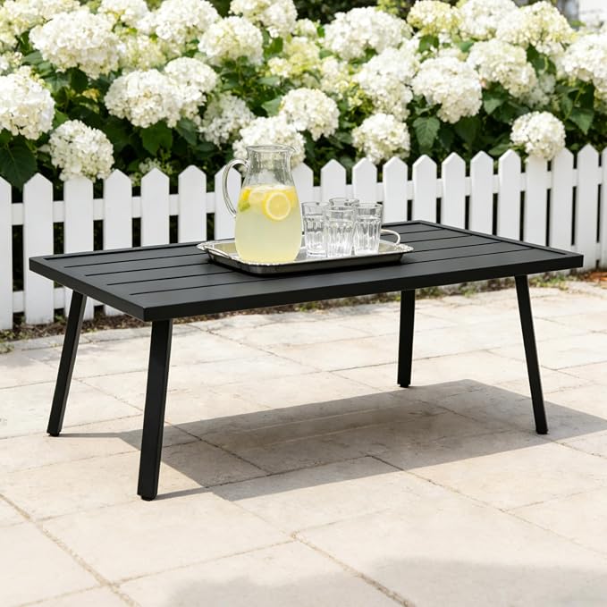 Patio Coffee Table, Rectangle Outdoor Coffee Table with Wood Grain Tabletop for Patio, Balcony and Garden, Black