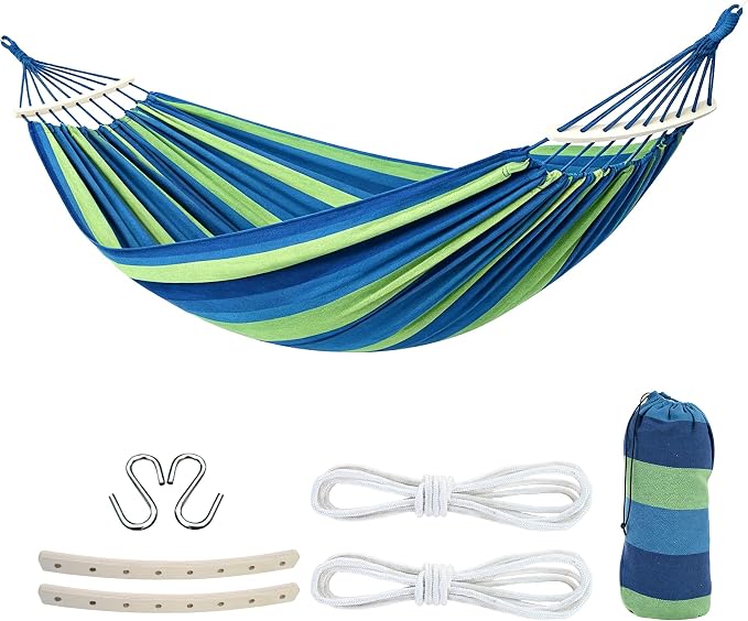 2 Person Outdoor Double Hammock,Heavy Duty Fabric Canvas Hammock with Carry Bag & Removable Spreader Bar, Portable Tree Hammock 550lbs Capacity for Porch Garden Patio Backyard Indoor Outdoor Blue