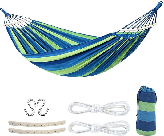 2 Person Outdoor Double Hammock,Heavy Duty Fabric Canvas Hammock with Carry Bag & Removable Spreader Bar, Portable Tree Hammock 550lbs Capacity for Porch Garden Patio Backyard Indoor Outdoor Blue
