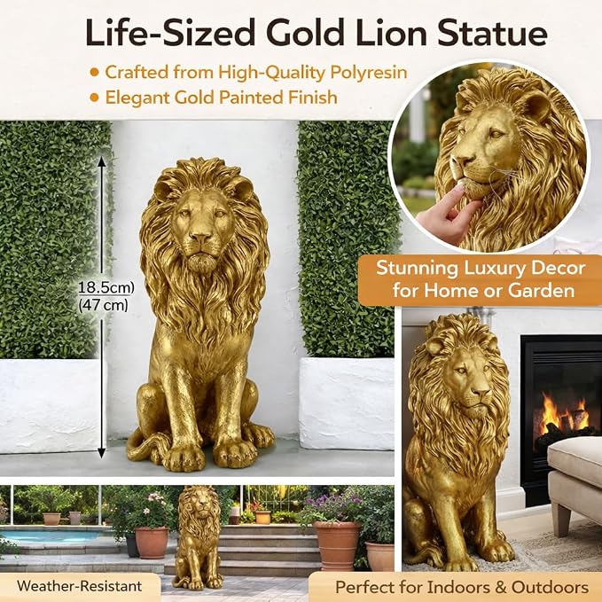 24" Majestic Lion Garden Statue, Gold | Regal Guardian Sculpture, Front Entry & Patio, Golden Resin, Weighted Base for Stability