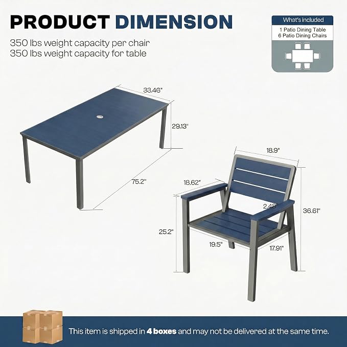 7 Piece Patio Dining Set for 6, Outdoor HDPE Table and Chairs with Umbrella Hole, All Weather Outdoor Furniture for Backyard, Deck, Lawn, Poolside, Blue