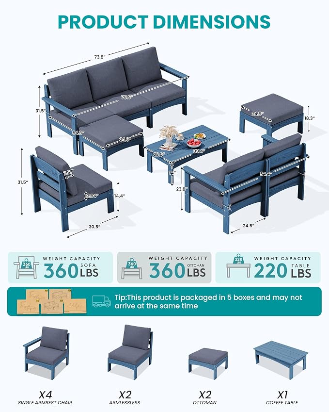 SERWALL 9 Pieces Patio Conversation Set, All-Weather HDPE Outdoor Sectional Sofas with Removable Cushions and Coffee Table, Extra-Large Modular Furniture Set for Backyard, Blue Frame with Grey Cushion