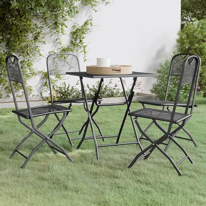 5 Piece Patio Dining Set Expanded Metal Mesh Anthracite | Foldable Design, E-Coating Weather-Proof, Space Saving for Outdoor Use