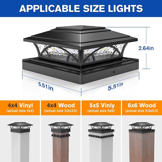 APONUO Solar Post Cap Lights 6 Pack - 4x4 5x5 6x6 Fence Post Lights, Auto On/Off, Waterproof IP64, 2-Mode (Warm/Cool White), Deck Patio Yard Solar Light for Wood & Vinyl Posts, Black