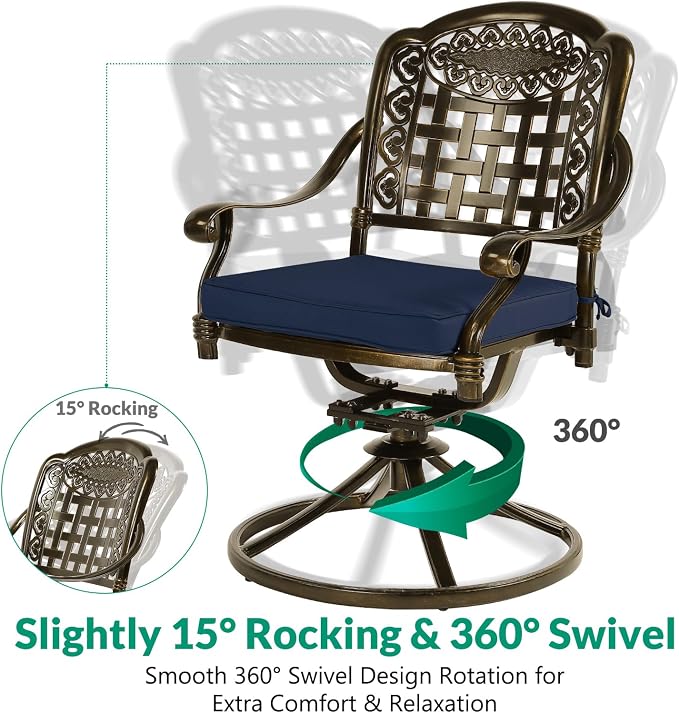 VIVIJASON 9-Piece Patio Furniture Dining Set, All-Weather Cast Aluminum Outdoor Conversation Set, Include 6 Stationary Chairs, 2 Swivel Dining Chairs, Oval Table with Umbrella Hole, Navy Blue Cushion
