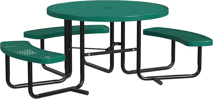Leisure Craft Metal Picnic Table with Bench - 46" Round Outdoor Dining Table with Umbrella Hole, Heavy Duty Thermoplastic Coating, ADA Compliant, Commercial Grade Furniture Made in USA - Green