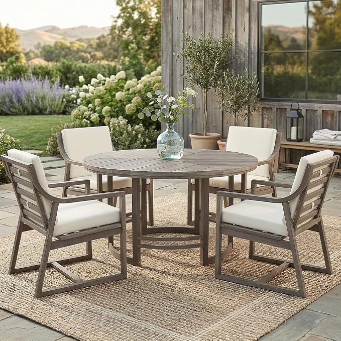 WILLIAMSPACE 59.1" Round Acacia Wood Outdoor Patio Table with Umbrella Hole, Brown
