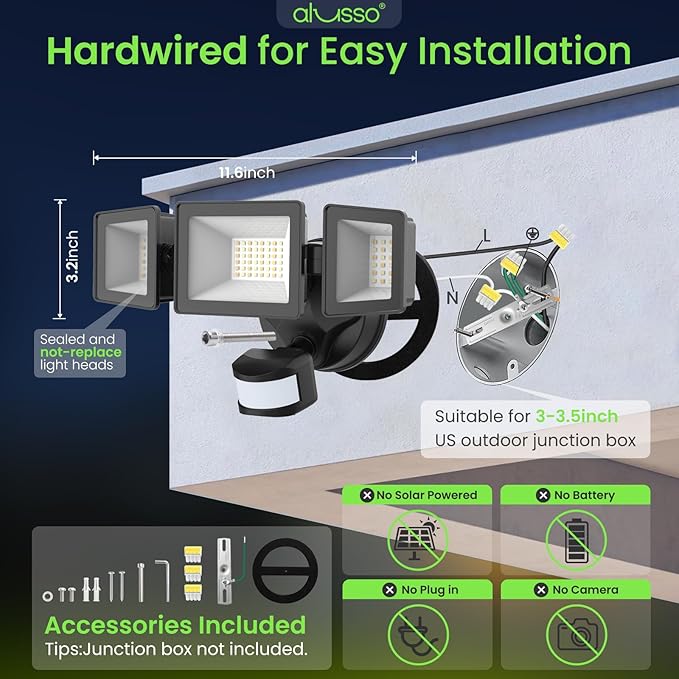 ALUSSO Motion Sensor Outdoor Lights Hardwired(Not Solar),40W 4500LM Flood Lights Outdoor 120V, 3CCT 3000K/4000K/6500K, 3 Modes(Dusk to Dawn/Auto/On Time) Security Light ETL Listed, Black, 2Pack
