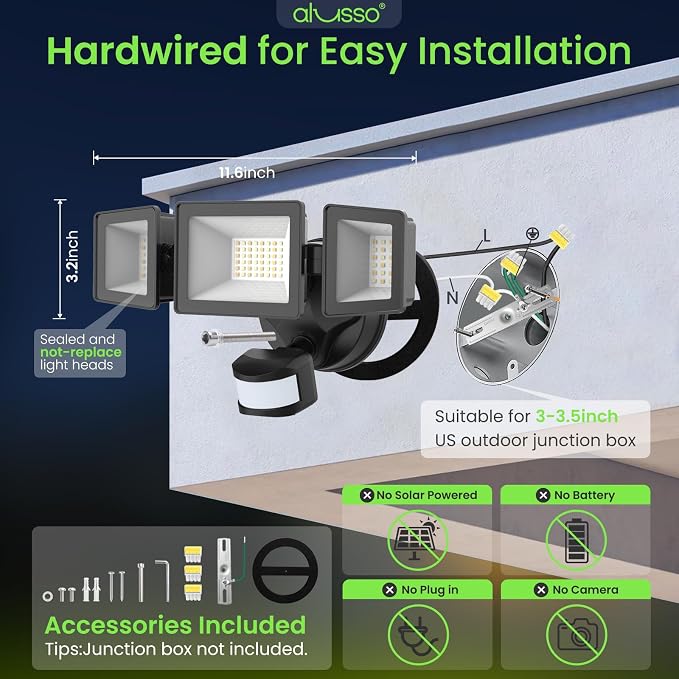ALUSSO Motion Sensor Outdoor Lights Hardwired(Not Solar),40W 4500LM Flood Lights Outdoor 120V, 3CCT 3000K/4000K/6500K, 3 Modes(Dusk to Dawn/Auto/On Time) Security Light for Garage Yard Porch,Black,ETL