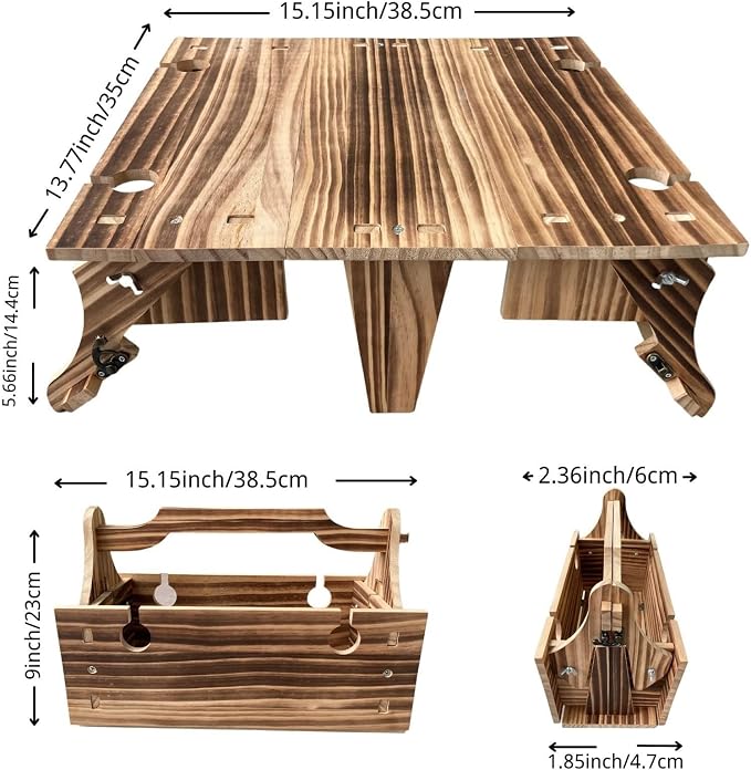 Portable Wooden Picnic Table with Storage Basket - Folding 2-in-1 Outdoor Table and Wine Glass Holder, Ideal for Champagne, Snacks and Beach or Park Dining