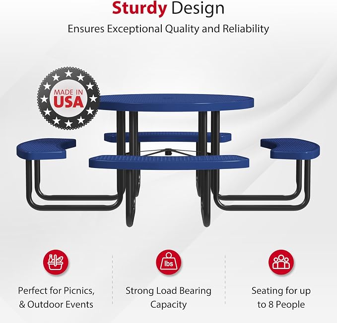 Leisure Craft Metal Picnic Table with Bench - 46"" Round Outdoor Dining Table for 8 with Umbrella Hole, Weatherproof Heavy Duty Thermoplastic Coating, Commercial Grade Furniture Made in USA - Navy