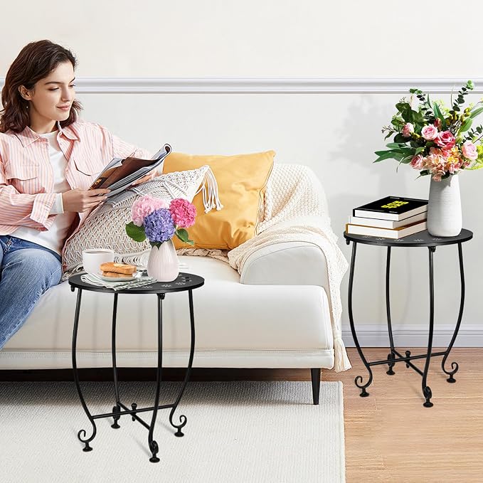 2 Pack Small Outdoor Side Tables for Patio, 14 Inch Metal Patio Side Table, Weather Resistant Steel Outdoor Round End Table for Patio Porch Garden Yard Balcony, Black (Petal)