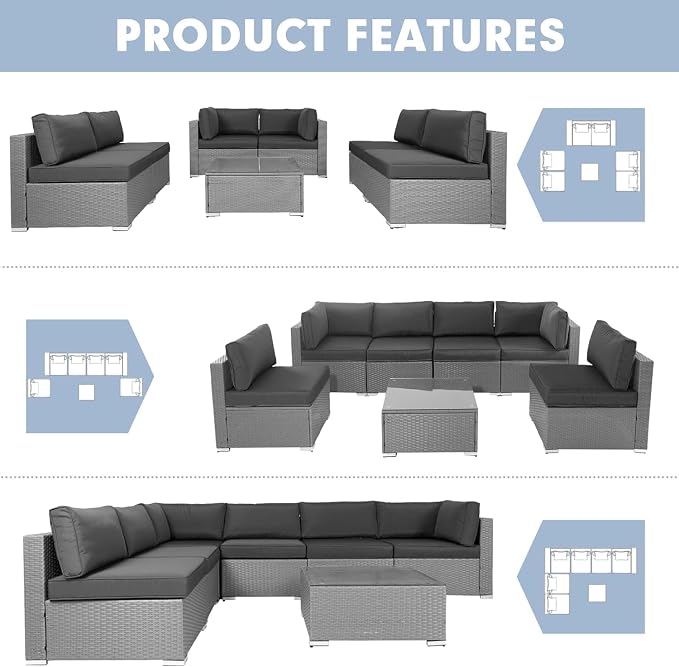 Betterland 7 Piece Outdoor Sectional Sofa Patio Furniture Set, All-Weather PE Grey Wicker Patio Conversation Set with Washable Cushion, Glass Table and Waterproof Cover(Grey Cushions)