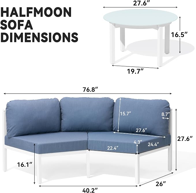 Crestlive Curved Patio Furniture Set, Modular Half Moon 8-Seater Sofa with Round Coffee Table, Aluminum Outdoor Sectional with 4.3" Cushions, All-Weather Couch for Backyard, Deck, Porch, Poolside