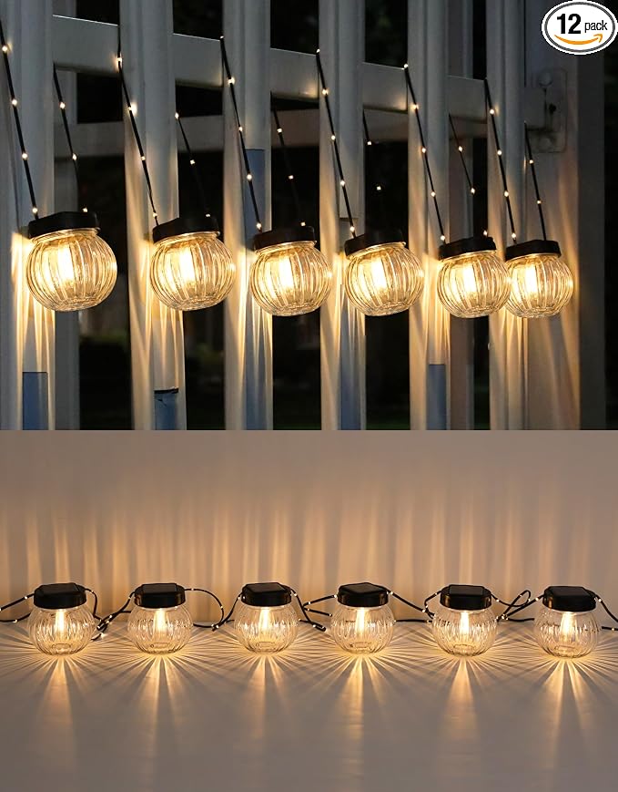Solar Lights Outdoor Waterproof 12-Pack, Solar Powered Hanging Lantern Ribbed Glass Hanging Globes for Yard Decor Christmas Decoration, Shepherd Hook, Garden Tree Ornaments, Clear