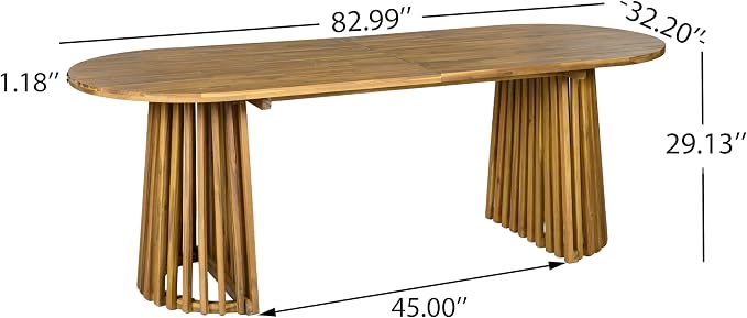 GDFStudio 83" Oval Dining Table with Racetrack Top, Outdoor Acacia Wood Dining Table for 6-8, Large Garden Dining Furniture, Slatted Pedestal Outdoor Furniture, Teak