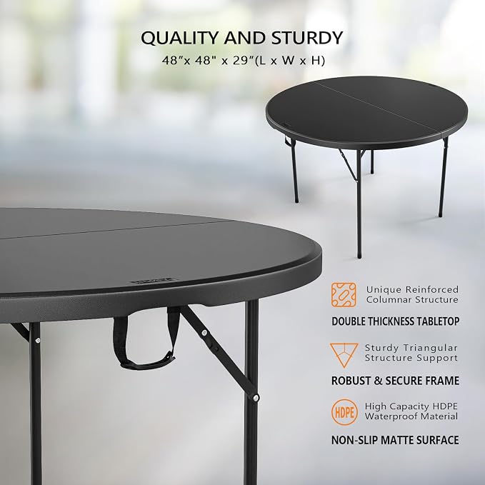 VINGLI Black 48" Round Bi-Folding Commercial Table, 4 Feet Portable Plastic Dining Card Table for Kitchen or Outdoor Party Wedding Event, 4-Pack