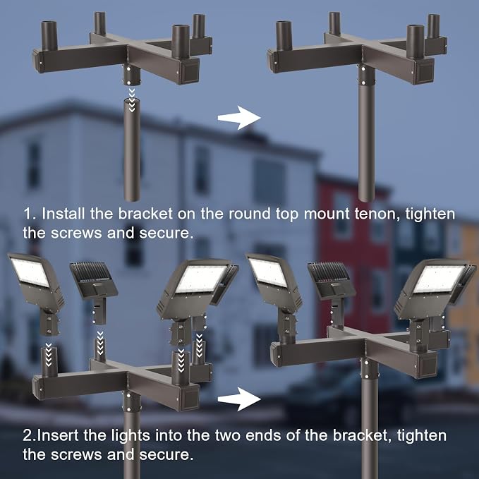 Tenon Adaptor with 4 Arms at 90 Degree, Round Bullhorn Adapter with 4 Tenons Pole Top Tenon Adapter for 2 3/8" LED Parking Lot Light, Outdoo Post Light Top Accessories Mount