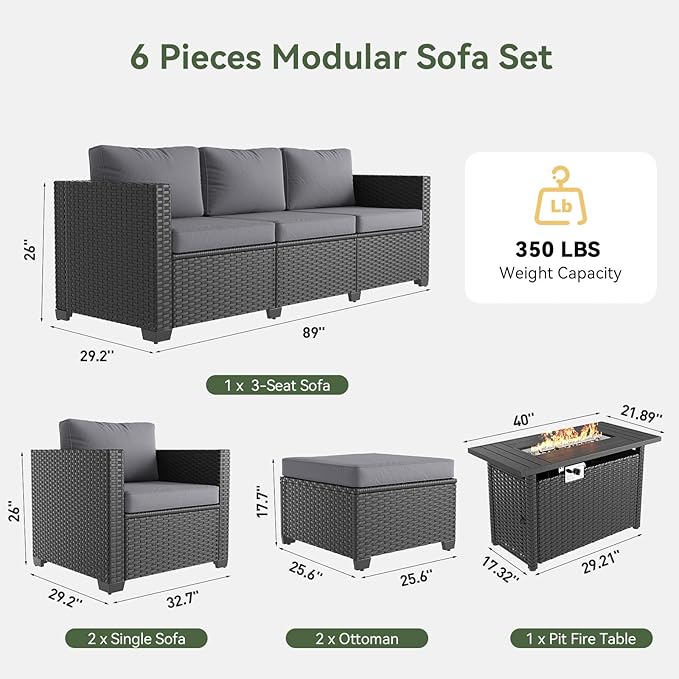 Aoxun Patio Furniture Set with Fire Pit Table, 6 Piece Outdoor Furniture Set with Wicker Ottomans, Rattan Outdoor Sectional Sofa with Thickened Cushion & Waterproof Cover Grey