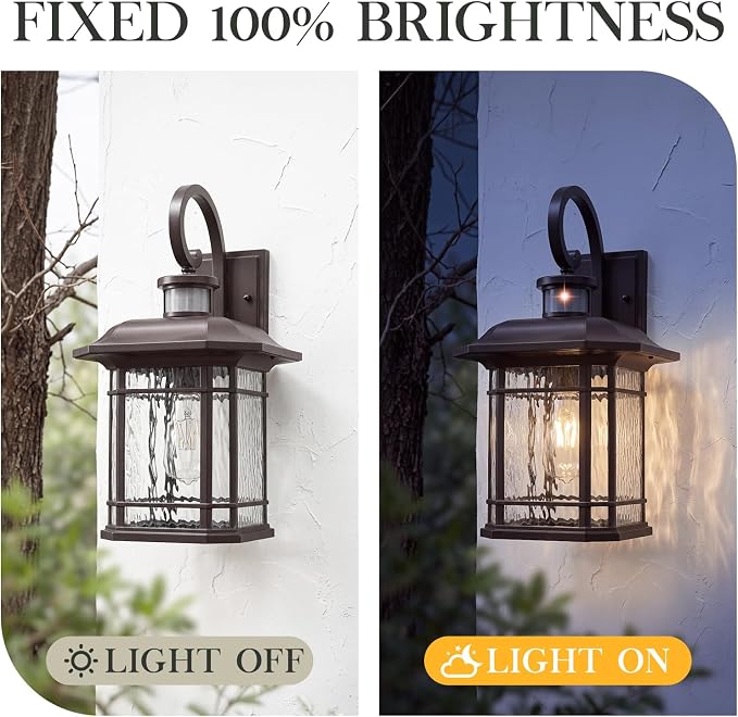Emliviar Medium Large Motion Sensor Outside Lantern, Outdoor Wall Sconce Porch Light, 1-Light Wall Lamp with Water Ripple Glass, Oil Rubbed Bronze Finish, 2084B-M-SE ORB-SW