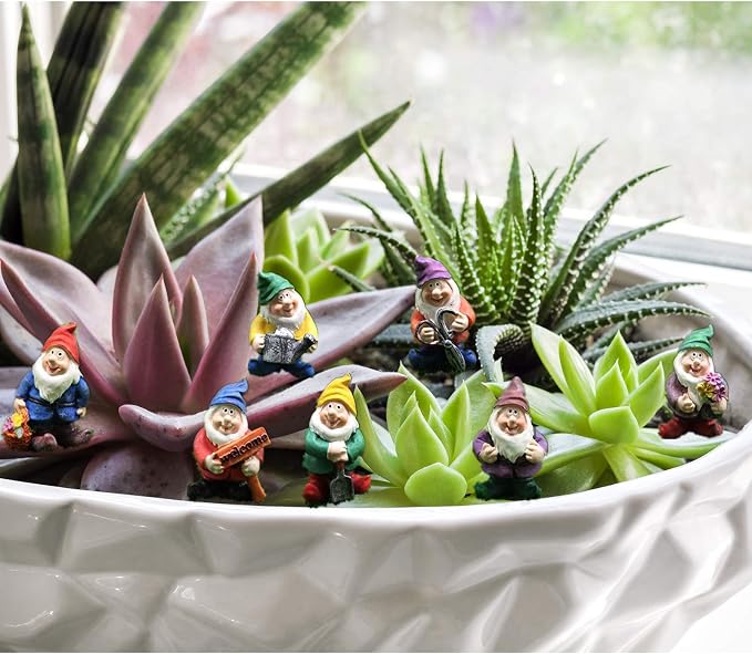 Fairy Garden Accessories 7Pcs Mini Gnome Resin Figurines Set Colorful Decor | Hand-painted resin,7difference poses funny mini gnomes statue- for fairy garden, succulents, dollhouse, home decor