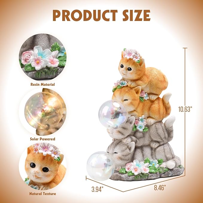 Cat Garden Statue, Orange Cats with Bubble Solar Lights, Cat Lovers Gifts | Stacked Cats Solar Lantern Lights, Lawn Ornaments for Outside Clearance, Yard, Patio, Porch Decor and Gardening Gift