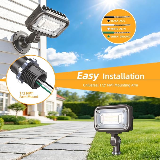 15W LED Outdoor Security Flood Lights 2 Pack,AC 120-277 Input | 100lm/W Efficacy,Super Bright LED Chips,7V×7H Beam Spread,180°Adjustable Knuckle Mount,IP65 Waterproof,4000K Color Temperatur