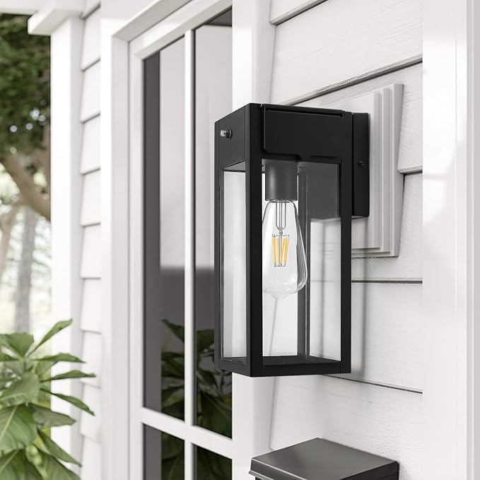 Dusk to Dawn Outdoor Light Fixtures Wall Mount, Outdoor Porch Lights with Outlet, Dusk to Dawn Outdoor Lighting for Doorway, Garage- Black