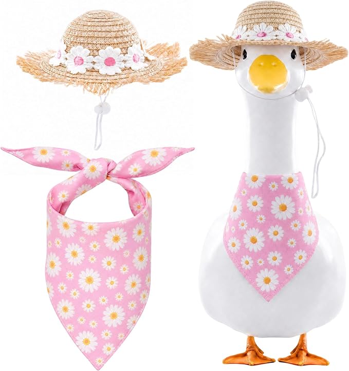 Summer Floral Porch Goose Outfit - 2Pcs Cute Pink Daisy Cottage Style Clothes with Straw Hat & Bandana Bib, Garden Lawn Decoration for 23 Inch Cement/Plastic Statue