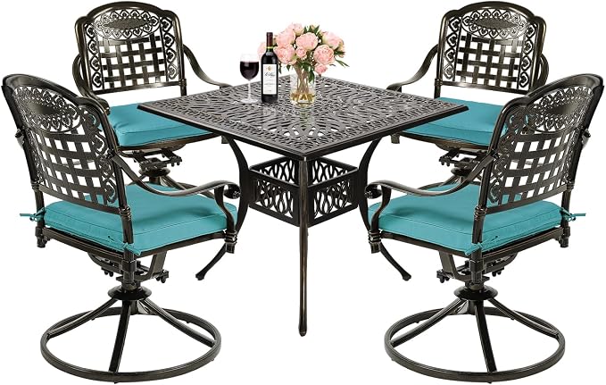 MEETWARM 5-Piece Outdoor Patio Dining Set, All-Weather Cast Aluminum Patio Conversation Set with 4 Cushions Swivel Rocker Chairs for Backyard Garden Deck and 35.4" Square Table, Ocean Blue