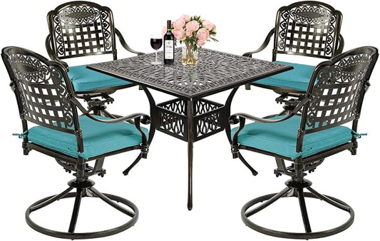 MEETWARM 5-Piece Outdoor Patio Dining Set, All-Weather Cast Aluminum Patio Conversation Set with 4 Cushions Swivel Rocker Chairs for Backyard Garden Deck and 35.4" Square Table, Ocean Blue